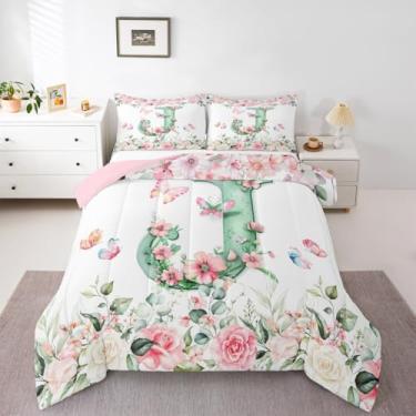 Imagem de Erosebridal Conjunto de edredom com letra J, monograma, verde, solteiro, para crianças, meninos, meninas, rosa, aquarela, flores, edredom personalizado, letra J, edredom