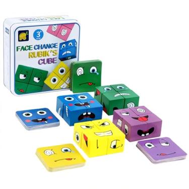 Imagem de IHIPPO Brinquedos de desenvolvimento Quebra-cabeça de madeira Jogo Cubo das Emoções Bloco Construção Carinhas Emoji Face Change Rubik Cube (64+16 pcs) para crianças a partir de 3 anos