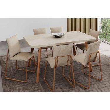 Imagem de Sala de Jantar Completa Stellar 1597 Aço c/ Tampo Madeirado 160x90cm e 6 Cadeiras Soft Rose/Petra - Rose/Areia - Carraro