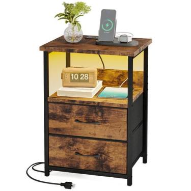 Imagem de Mesa de cabeceira Fixwal com estação de carregamento LED rústica marro