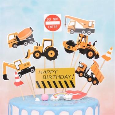 Imagem de LZGXZF 10 peças de topo de bolo de feliz aniversário, construção, topos de cupcake, picaretas, caminhão basculante, escavadeira, trator, festa, topos de bolo para crianças, aniversário, chá de bebê