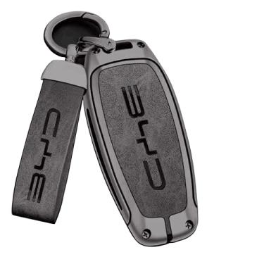 Imagem de Capa de Chave Premium BYD, Capa Protetora para Chave de Carro em Liga de Zinco e Couro – Case com Chaveiro e para BYD Han Ev Tang Dm Qin Plus Song Pro MAX Yuan Key (Chumbo Cinza)