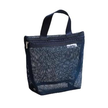 Imagem de 1 bolsa de mão de malha de maquiagem, bolsa de armazenamento de artigos de higiene pessoal portátil para viagem, ferramentas de banho, bolsa organizadora de cosméticos com zíper, Azul marino, Casual