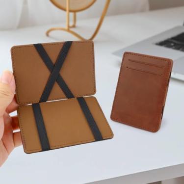 Imagem de Carteira mágica, carteira minimalista ultrafina com dobra dupla para homens, com clipe de dinheiro com 4 compartimentos para cartão e compartimentos para cédulas, Marrom, Magia