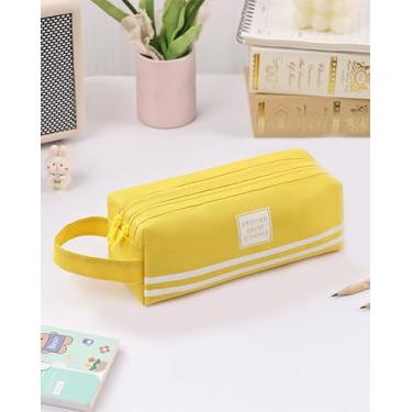 Imagem de Estojo de lápis amarelo de camada dupla, bolsa de papelaria de tecido durável para material de escritório