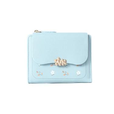 Imagem de Carteira feminina de poliuretano pequena com três dobras para cartão de crédito com bolso com zíper, grande capacidade, adequada para uso diário, Azul, One Size