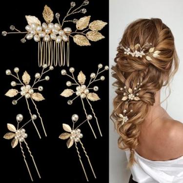 Imagem de 5 peças de alfinetes de cabelo de folha dourada garfos de cabelo de pérola clipes de cabelo de noiva acessórios de cabelo de casamento para mulheres e noivas (Vintage)