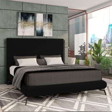 Imagem de Conjunto Cabeceira E Base Para Colchão Casal Bezos Com Pés Em Alumínio Veludo Preto G91 - Gran Belo