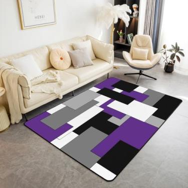 Imagem de Erosebridal Tapete quadriculado roxo preto branco cinza tapete de sala de estar, tapete de área 12 x 18, tapete decorativo de grade abstrata moderna geometria listrada decoração de quarto tapete de
