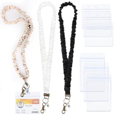 Imagem de 3 cordões de professor para crachás de identificação, cordão elástico retrátil para chaves, porta-chaves retrátil elástico para mulheres, homens, com três porta-cartões horizontais e verticais, cores