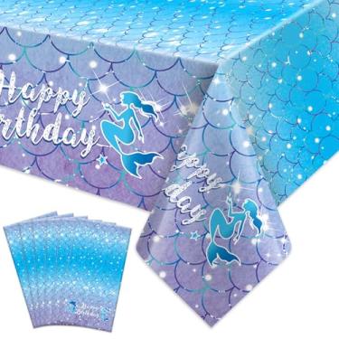 Imagem de enithElite Toalhas de mesa de sereia para decorações de festa de aniversário – 6 peças de plástico descartáveis, toalhas de mesa retangulares do mar do oceano para princesas debaixo do mar, artigos de