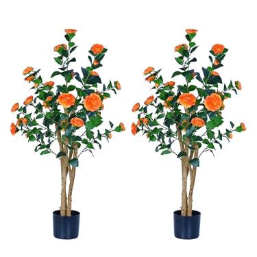 Imagem de Camélia de árvores artificiais realistas com troncos de madeira natural, rosa sintética de seda perene com flores de seda, decoração de casa interna para sala de estar, varanda, escritório (laranja