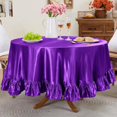 Imagem de Entisn Toalha de mesa redonda com babados de 224 cm, capa de mesa de cetim roxo inclui acabamento de 12 cm para mesa de 76 a 182 cm, lavável e resistente a amassados, decoração sedosa para banquete