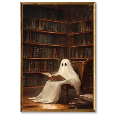 Imagem de Arte de parede de leitura de fantasmas, pôster estético de Halloween, arte de parede de dia das bruxas, arte de parede engraçada, pintura de fantasma, bonito, escuro, academia, leitura, pôster