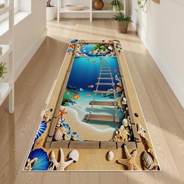 Imagem de Tapetes laváveis para corredor de animais marinhos, 8 x 2,4 m, tapete de mundo subaquático para sala de estar, tapete temático infantil, peixe-palhaço de animais marinhos, tapete coral antiderrapante