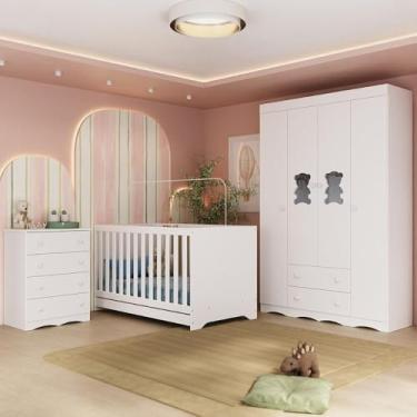 Imagem de Quarto de Bebê Completo com Berço Americano 3 em 1 Doçura Multimóveis Mp4650 Branco