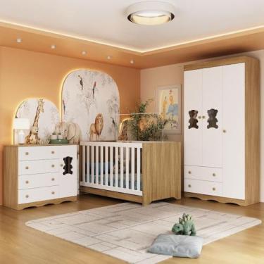 Imagem de Quarto de Bebê Completo com Berço Americano 3 em 1 Doçura Multimóveis Mp4654 Madeirado/branco