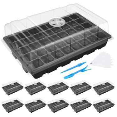 Imagem de MIXC Bandeja de sementes para iniciantes, pacote com 10 minikit de cultivo de plantas com estufa com cúpulas ventiladas de umidade e base para início de sementes (40 células por bandeja, total de 400