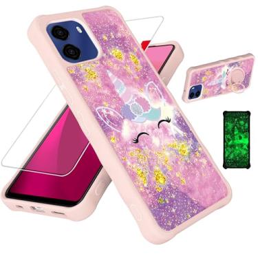 Imagem de jioeuinly Capa compatível com BLU G35 [com protetor de tela de vidro temperado][PC rígido + silicone macio][suporte para anel] [glitter dourado + luminoso] JSF-DJS