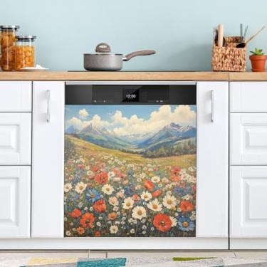 Imagem de ATTX Capa de ímã de lava-louças de pintura a óleo vintage flores silvestres, 58 cm C x 66 cm A decoração da capa frontal da máquina de lavar louça, decalques de armário doméstico adesivos de