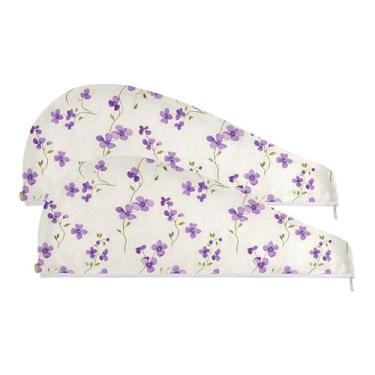 Imagem de SEHANY Toalha de cabelo de microfibra elegante flores roxas para mulheres 2 peças turbantes de cabelo de secagem rápida com botão, touca de cabelo seco absorvente toalha de secagem de cabelo para