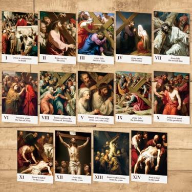 Imagem de Harloon Pôster 14 estações da cruz conjunto do caminho da cruz presente católico católico arte cristã quaresma decoração para casa sala de aula cristã igreja parede domingo material escolar (normal)