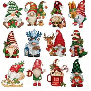 Imagem de (12 peças) Conjunto de decoração de Natal, Papai Noel, Rena e Gnomo, enfeites planos de madeira 2D, adequado para decoração de árvores, casa e jardim, perfeito para criar uma atmosfera de festa de fim