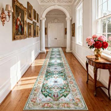 Imagem de U'Artlines Tapete de corredor boho de 9,5 x 50 m, antiderrapante, lavável, vintage, fazenda, cozinha, tapete para área de entrada, lavanderia e sala de estar (verde)