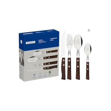 Imagem de Conjunto 24 Peças Talheres Cabo Tipo Madeira, Aço Inox, Inclui 6 Garfos, 6 Facas Churrasco, 6 Colheres Mesa, 6 Colheres Sobremesa, Cor Inox, 789g