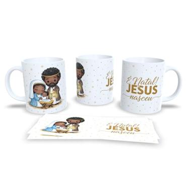 Imagem de Caneca Natalina com Presépio, Jesus O Verdadeiro Sentido do Natal, Cerâmica Branca, Decoração Religiosa com Arte Dourada, 325ml (23177)