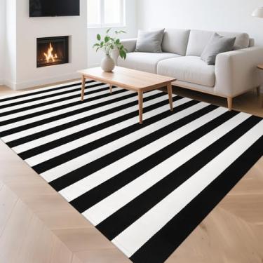 Imagem de Fixseed Tapete listrado preto e branco 1,5 m x 20,3 m, tapete listrado ao ar livre, de algodão, lavável, para ambientes internos e externos, capachos para sala de estar, sala de jantar, quarto