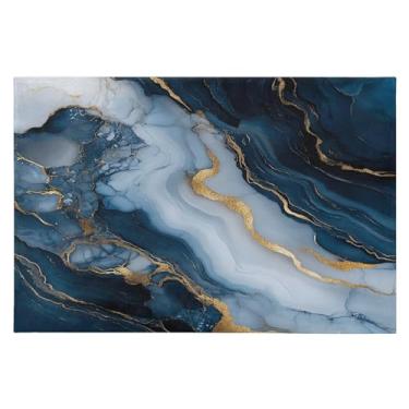 Imagem de CEBUGI Tapete de área 60 x 90 cm macio lavável tapete antiderrapante com revestimento de borracha azul branco mármore textura tapetes para sala de estar, quarto, decoração de casa