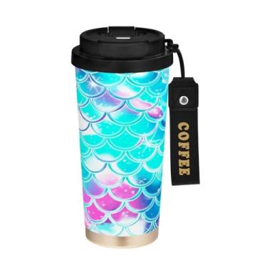 Imagem de STAYTOP Linda caneca de café colorida com escamas de sereia, 2 em 1, tampa à prova de derramamento, copo de viagem de aço inoxidável premium, à prova de vazamento, garrafas de água para viagens