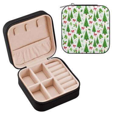Imagem de Wassud Caixa de joias de viagem com árvores de Natal com laços para mulheres, meninas, senhoras, noiva, mini organizador de joias, de couro PU, caixa quadrada de armazenamento de joias para brincos