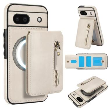 Imagem de Carteira destacável compatível com carregamento sem fio Magsafe para Google Pixel 8A capa com suporte para cartão, bolso com zíper, suporte 2 em 1 capa à prova de choque (branca)