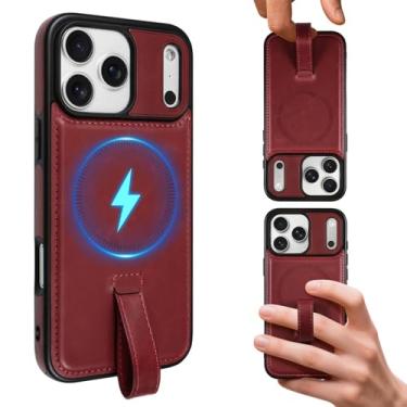 Imagem de AIGOMARA Capa magnética de couro para iPhone 17 Pro com alça de dedo, compatível com Magsafe, capa de telefone fina de poliuretano de luxo, antiderrapante, resistente, à prova de choque, vinho