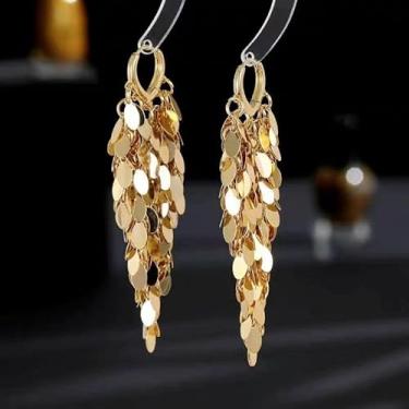 Imagem de Brincos femininos de argola folheados a ouro 18 quilates com borla longa pendurados em ouro grosso