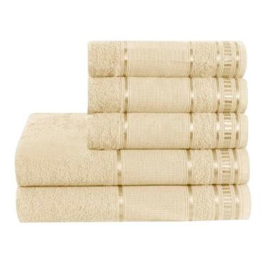 Imagem de Jogo de Toalhas Premium 100% Algodão, 5 Peças com Barra Decorativa, 2 Banho 1,25m x 65cm e 3 Rosto 65cm x 45cm, 290g/m² (Baunilha)