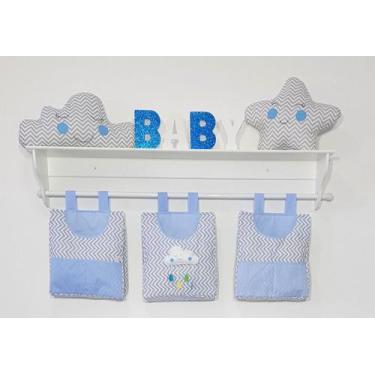 Imagem de Porta Fraldas De Varão Porta Treco 3 Peças Nuvem Azul Bebê Chevron - P