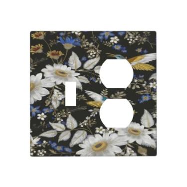 Imagem de SgEdao Capas decorativas para tomadas rústicas com flor azul beija-flor 2 gangues capa de placa de parede de interruptor único interruptor duplo combo dois interruptores de luz placa de cobertura