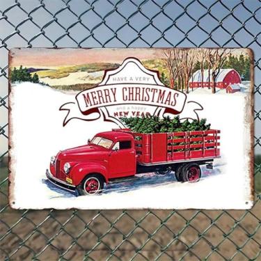 Imagem de Merry Christmas Truck Trees Decorações de Natal Arte de parede de alumínio rústico e placa de metal - 20,3 x 30,48 cm Decoração interna e externa vintage para casa, escritório, café, quintal e jardim