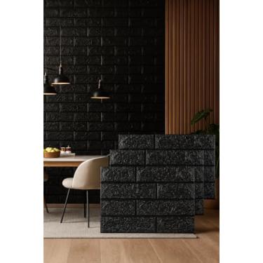 Imagem de Kit Placas Adesiva Tijolinho 3D Revestimento Autocolante Decoração Quarto Sala Banheiro Impermeável (Kit 10 Placas Adesivas Tijolo Preto, 70x38,5)