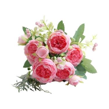 Imagem de Buquê De Flores Artificiais De Rosa E Peônia Com 5 Cabeças Para Decora
