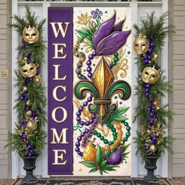 Imagem de Decoração de porta de carnaval, roxo bem-vindo Mardi Gras porta banner decoração para homens mulheres meninos meninas crianças feliz carnaval carnaval festa de aniversário suprimentos decoração fundo