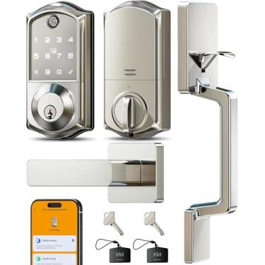 Imagem de Veise VE017-D Conjunto de fechadura de porta frontal inteligente com impressão digital, controle de aplicativo, fechadura de entrada 7 em 1 sem chave com maçaneta, porta de alimentação de emergência