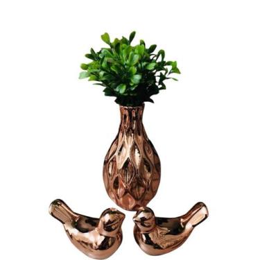 Imagem de Kit Enfeite Para Rack Vasinho Passarinhos Planta Decoração Rose Gold -