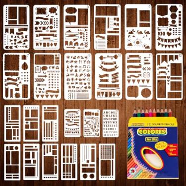 Imagem de Estênceis de diário de 24 peças, modelos de estênceis de planejamento com lápis de cor, réguas, suprimentos de diário de letras pequenas para agenda de pontos, scrapbook, desenho faça você mesmo