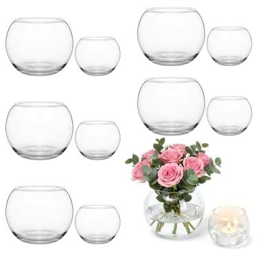 Imagem de 12 vasos de vidro redondo transparente para flores, 10 cm L x 7 cm A conjunto de 6 vasos globo 6,6 cm L x 5,6 cm A conjunto de 6 peças de suporte de vela, vasos de botão a granel para centros de mesa