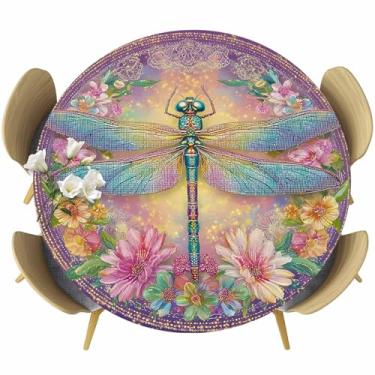 Imagem de Toalha de mesa redonda libélula roxa para mesas de 114 a 137 cm, flores coloridas, impermeável, para uso ao ar livre, toalha de mesa redonda de 137 cm com elástico, capa de toalha de mesa de