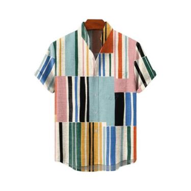 Imagem de Camisa De Linho Masculina De Verão Com Estampa Artística Em Cores, Man